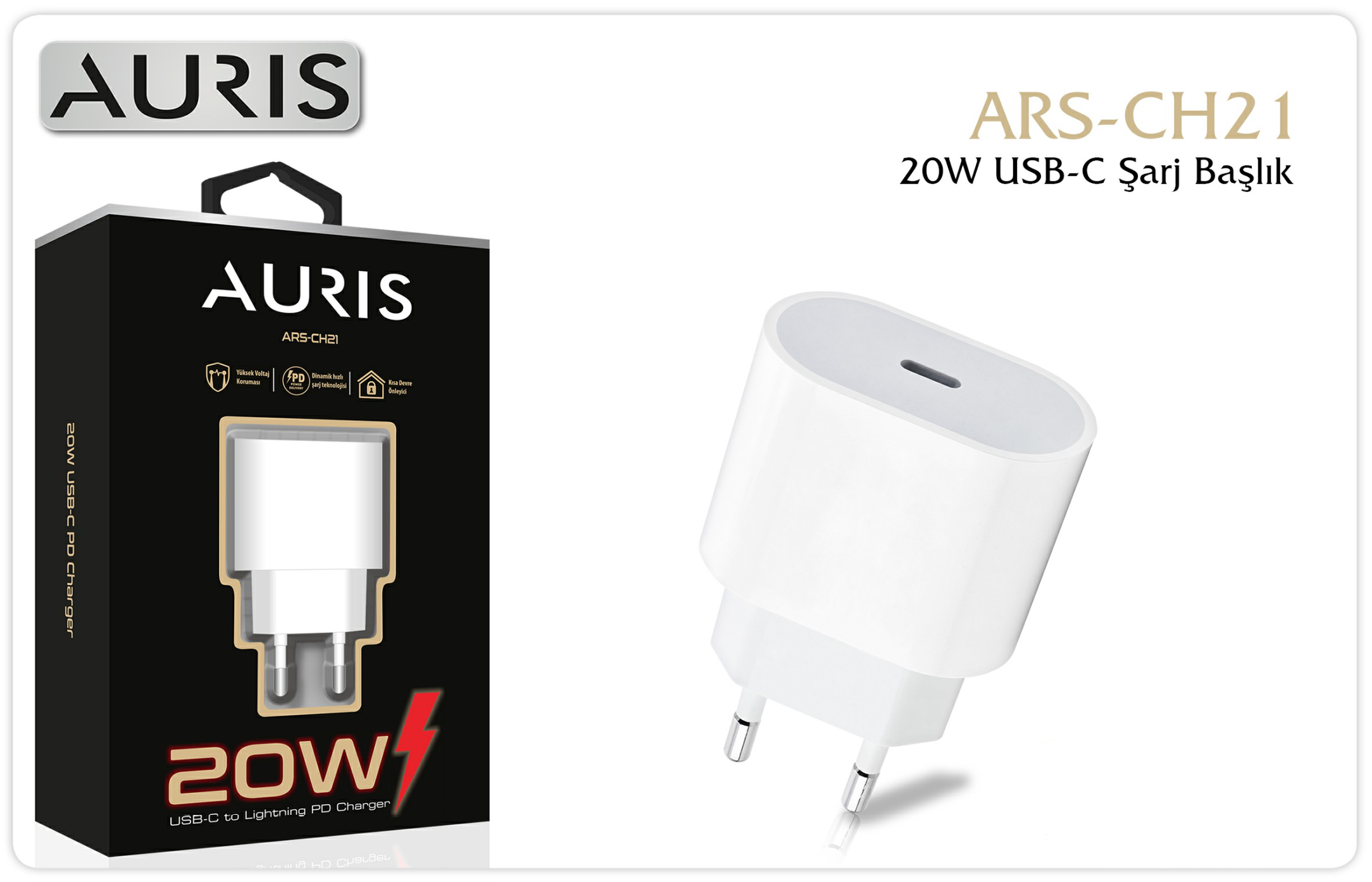 Auris CH21 USB-C Kafa 20W – Beyaz USB-C Şarj Başlığı